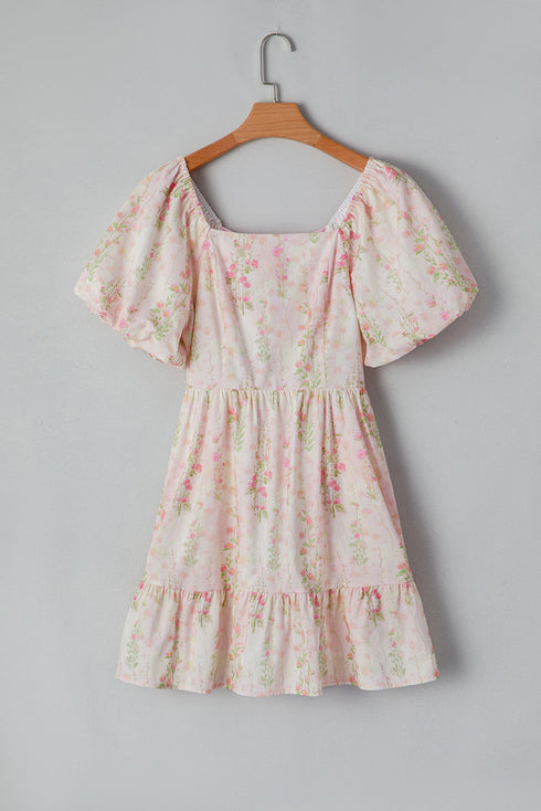 Charming Southern Belle Floral Puff Sleeve Knotted Open Back Ruffled Mini Dress